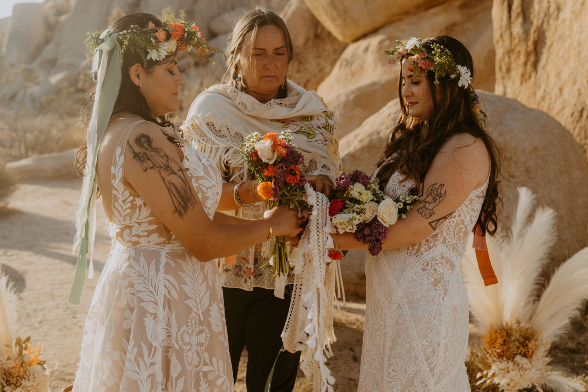 Brides with their eyes closed during the ceremony — Joshua Tree Wedding Photographer