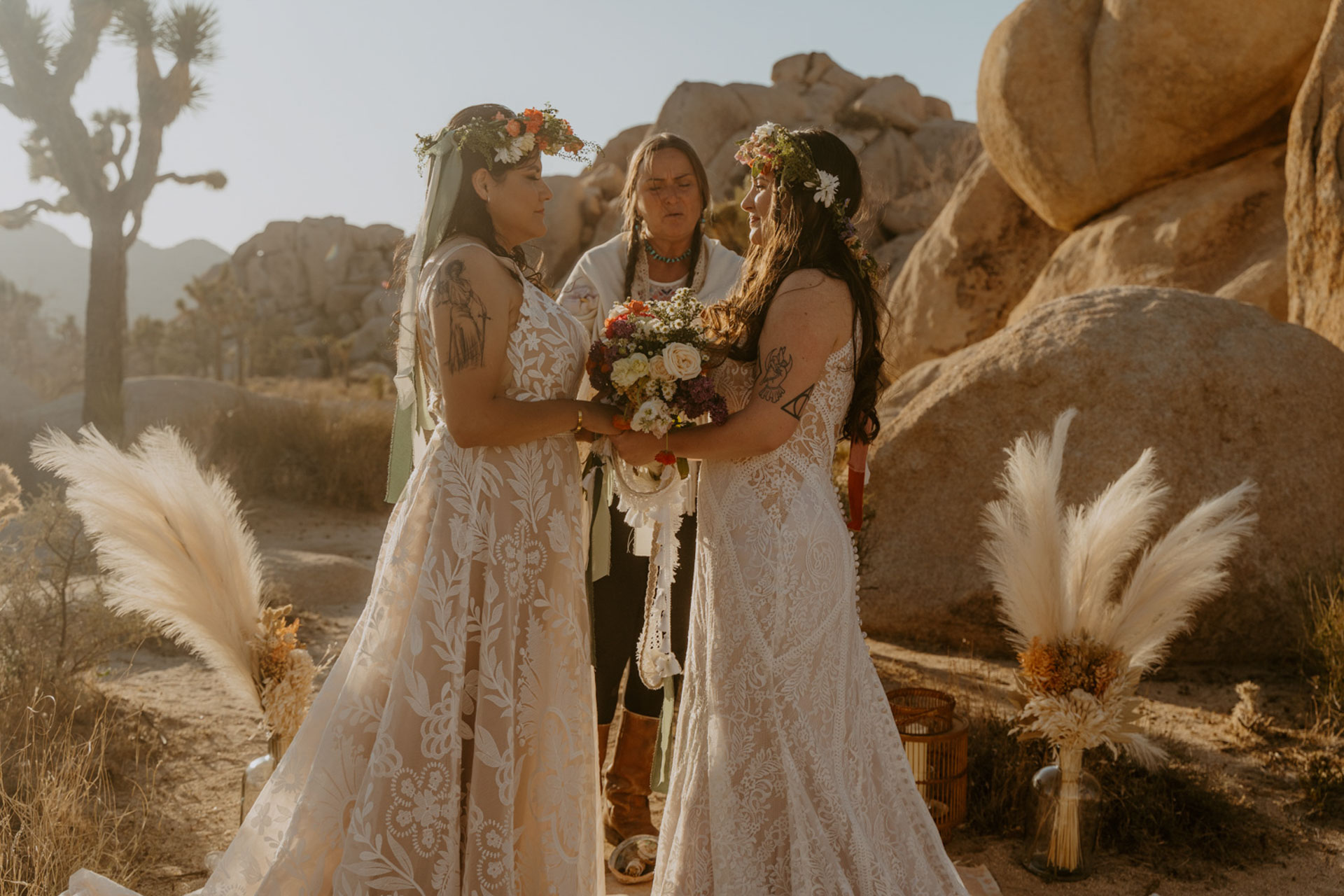 Close up of he brides during their ceremony in Hidden Valley — Joshua Tree Wedding Photographer