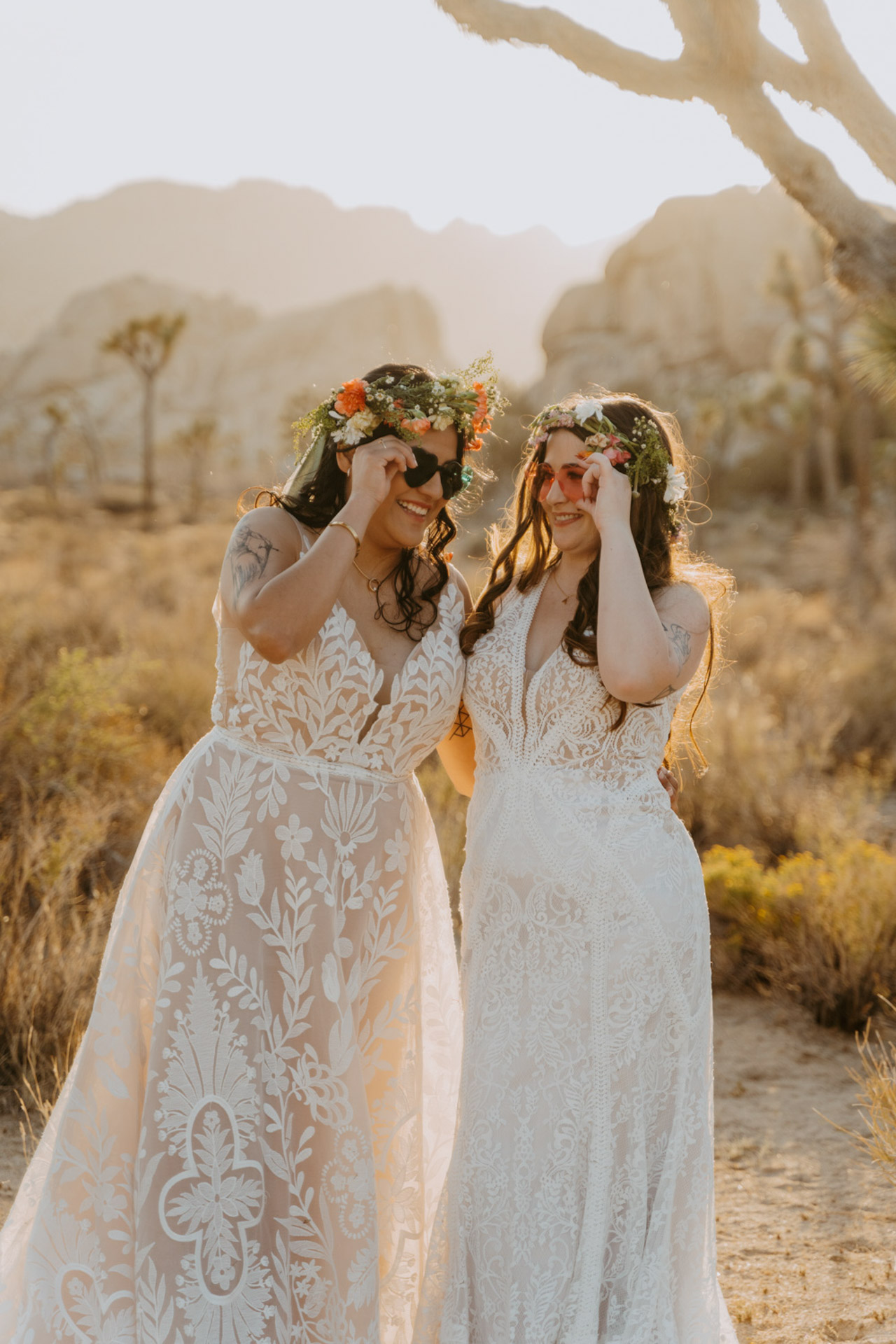 Brides smiling with fun glasses on — Joshua Tree Wedding Photographer