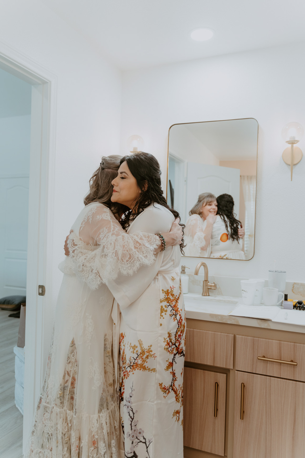 Bride and her mother hugging before ceremony — Joshua Tree Wedding Photographer