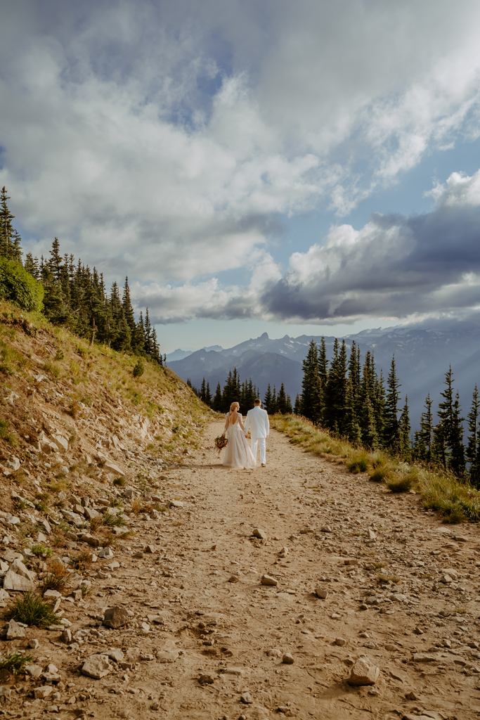 photograph of bride and groom on a mountain side in Washington state wedding
